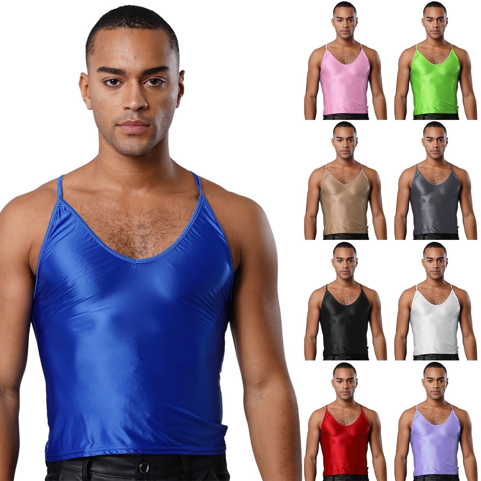 US Mens Metallic Shiny Slim Top Sleeveless Disco Sling Vest T-shirt for Gym Club gallery