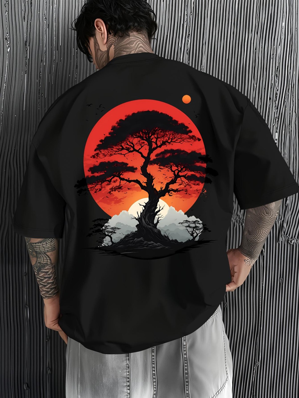 Japanese Landscape Art T Shirt Red Sun Pine Mountain Retro Graphic Casual Tee gallery