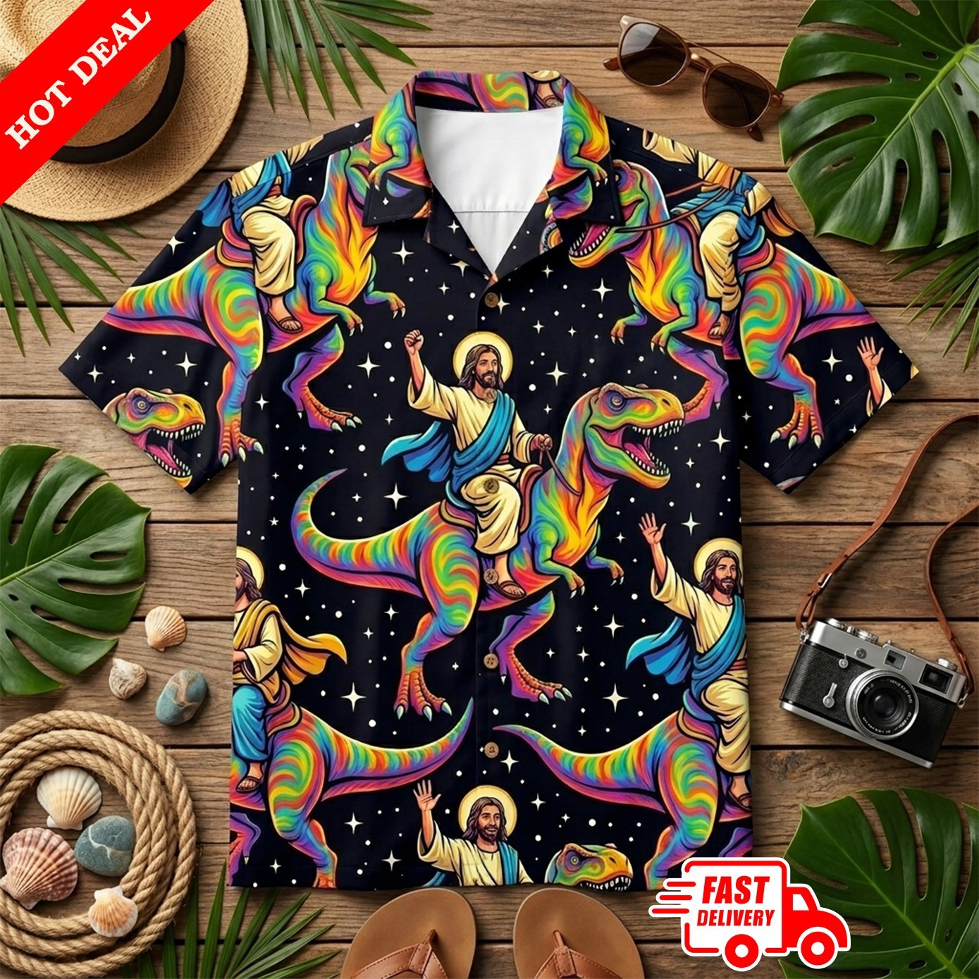 Jesus Riding T-Rex Dinosaur Hawaiian Shirt Mens Rainbow Space Funny Aloha Shirt