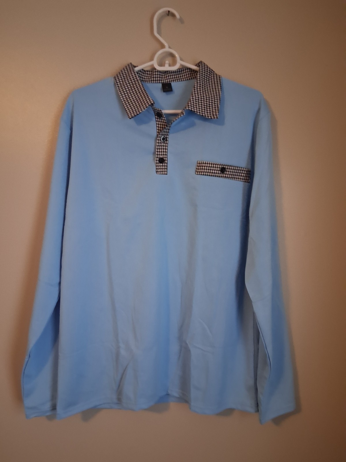 New Men Light Blue Long M Sleeve Shirt Contrast Collar Polyester Trim Casual gallery