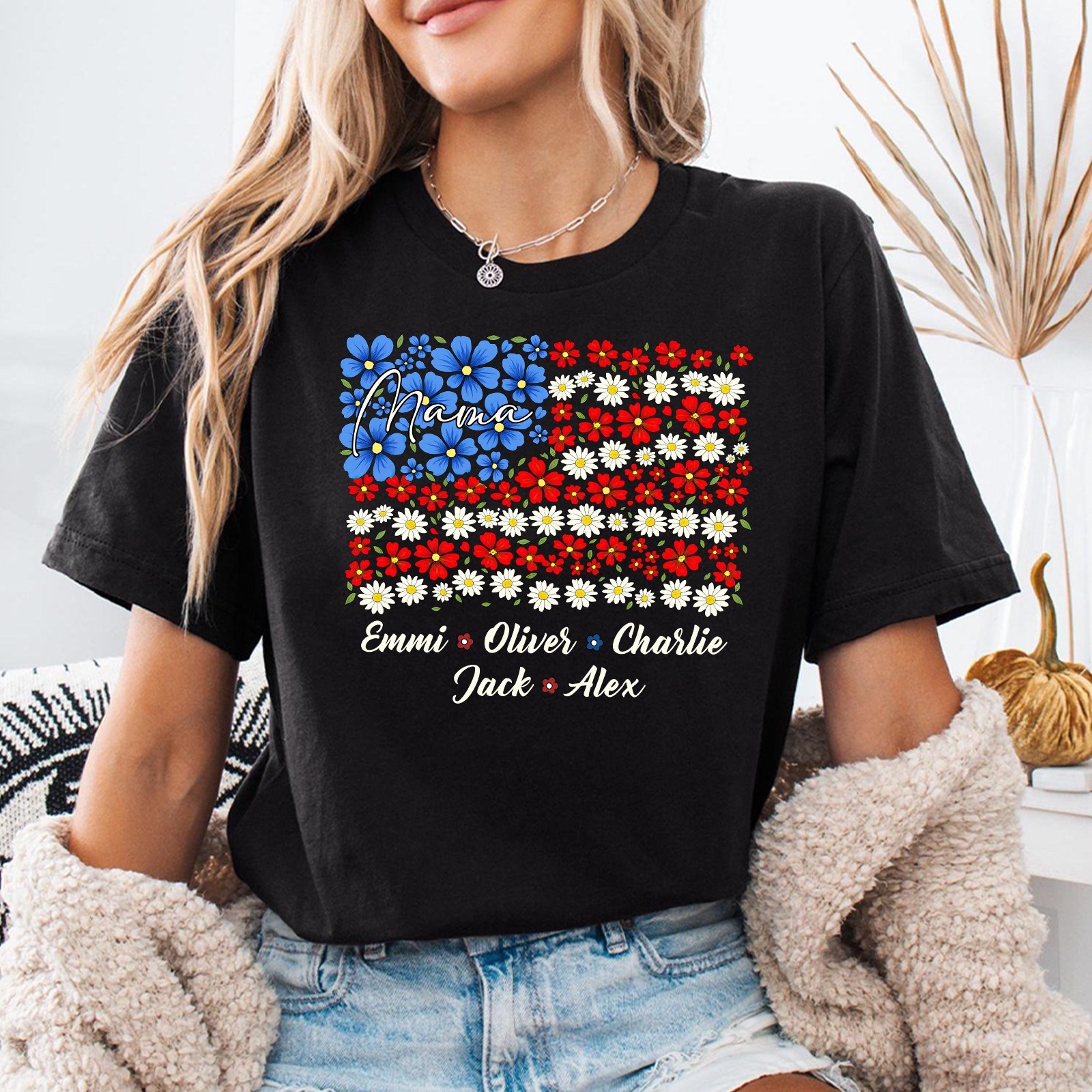 Personalized Mama Shirt Kids Name Patriotic Floral American Flag 4th of July Tee