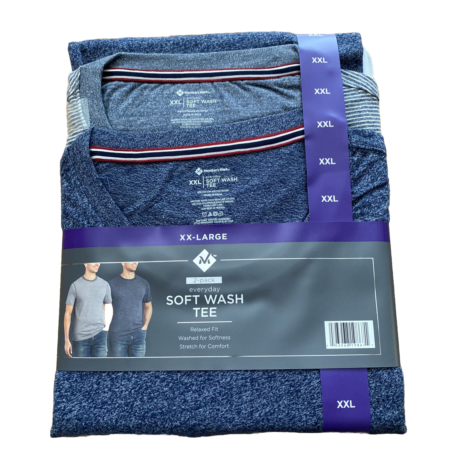 Member’s Mark 2-Pack Soft Wash T-Shirt Relaxed Crewneck T Blue/Gray Men Size XXL