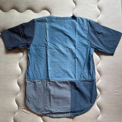 FDMTL Indigo Blue Denim Patchwork Short Sleeve Shirt Front Pocket Made in Japan