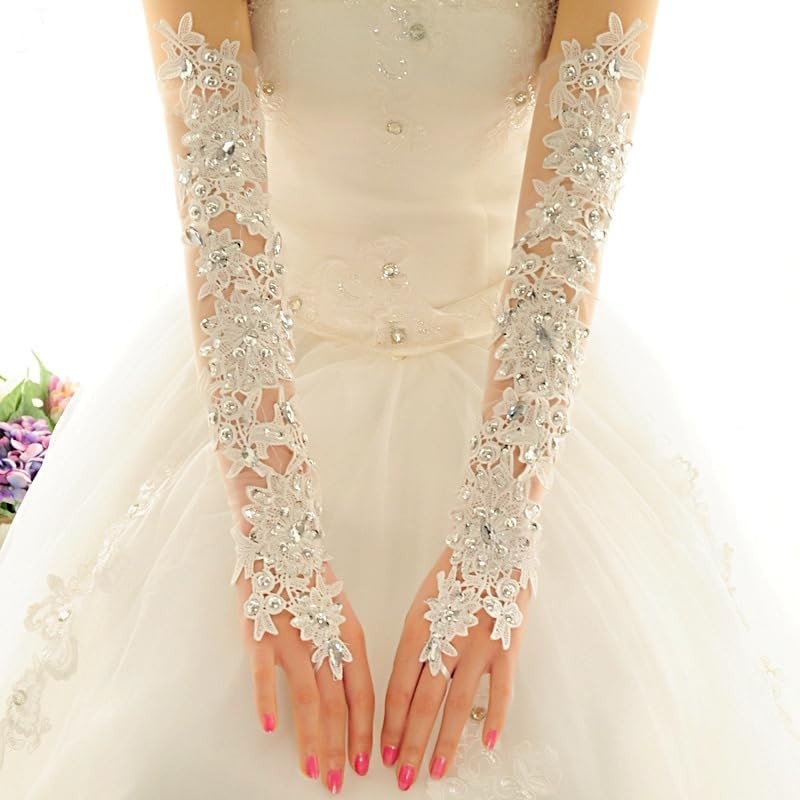 White Lace Rhinestone Fingerless Bridal Glove,Lace Gloves Long,Prom For Weddi... gallery