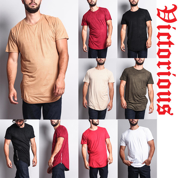 Men’s Perforated Faux Suede Long Length Curved Hem T-Shirt with Zipper TS670-T8D