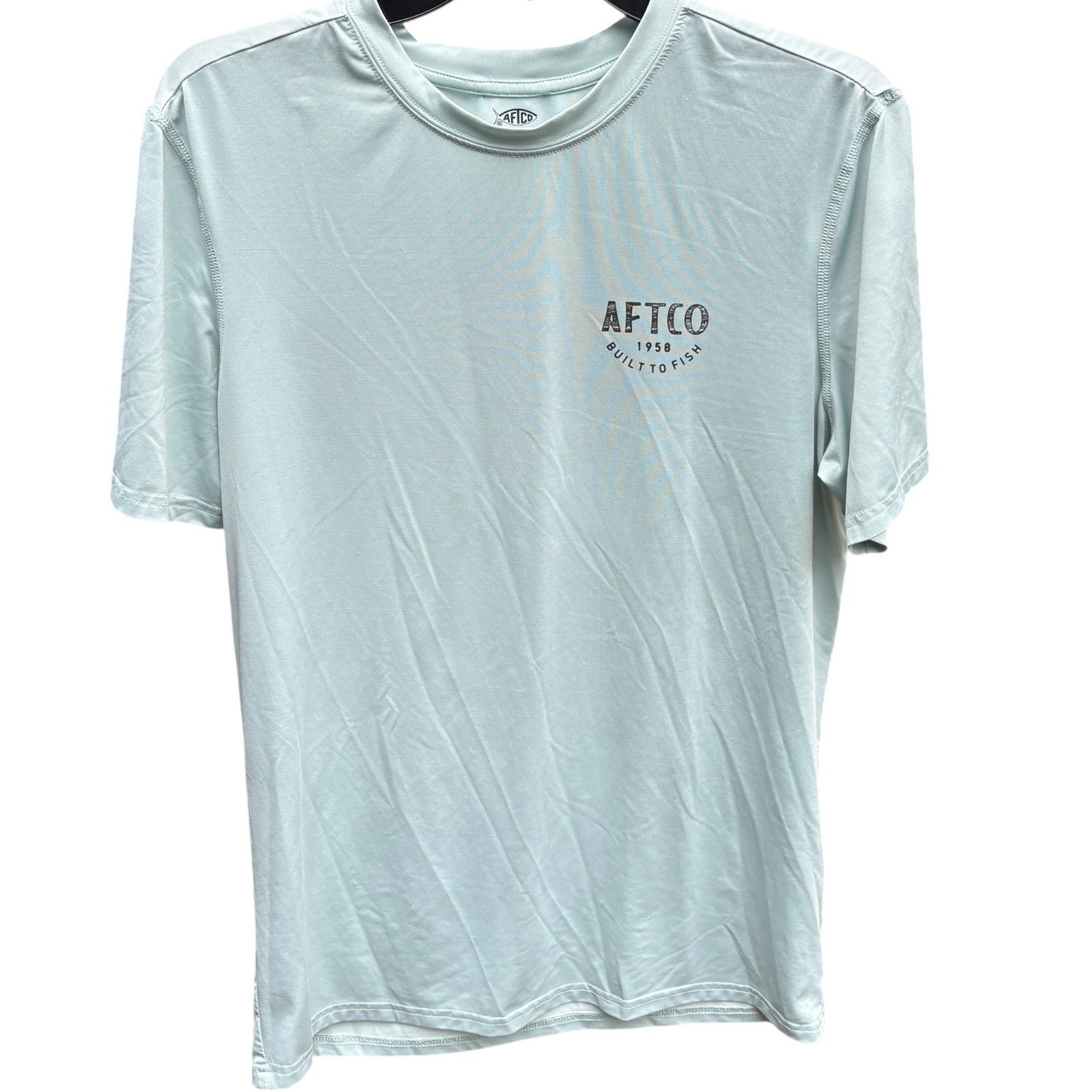AFTCO Mens Small Performance Fishing Shirt Light Blue Wicking Outdoors Coastal