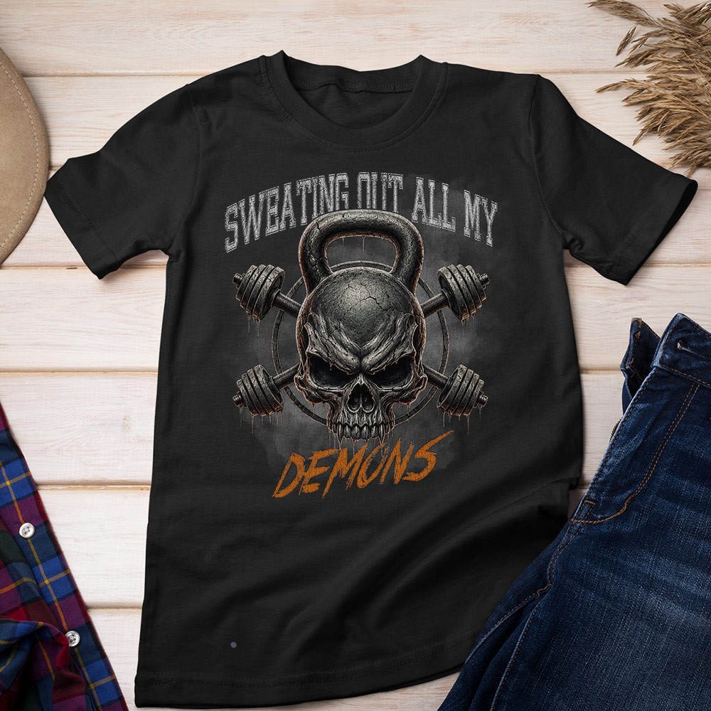 Retro Sweating Out My Demons Unisex T-shirt | Gym Skull Lover Gifts for Men gallery