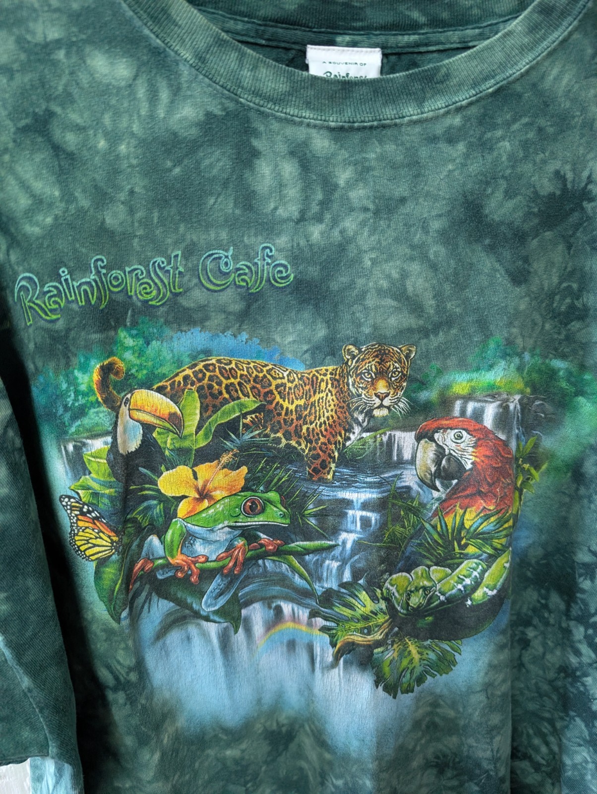 Vintage 90s Rainforest Cafe Green Tie Dye T-shirt Men's Size 2XL gallery