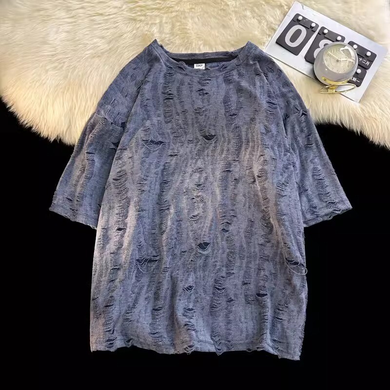 Men Retro Thin Short Sleeve Shirt Ripped Hollow Blouse American Style Tops Soft gallery