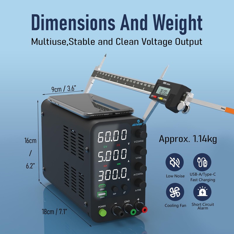 DC Power Supply Variable, 0-60V 0-5A Switching Bench Power Supply with 20W US…