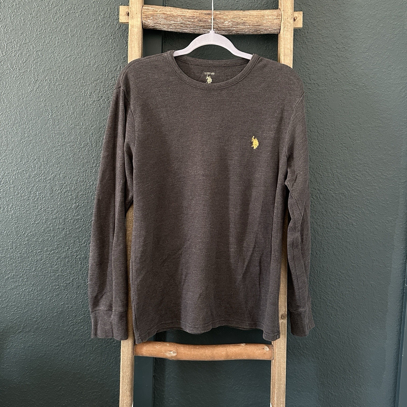 US Polo Assn. Men’s Knit Sleepwear Top Size L Dark Gray Yellow Logo Long Sleeve