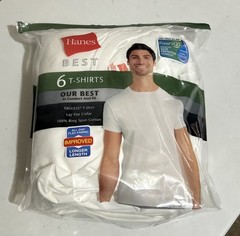 HANES MEN’S T-SHIRTS WHITE 6-PACK 100% COTTON TAG-LESS LAY FLAT COLLAR MEDIUM