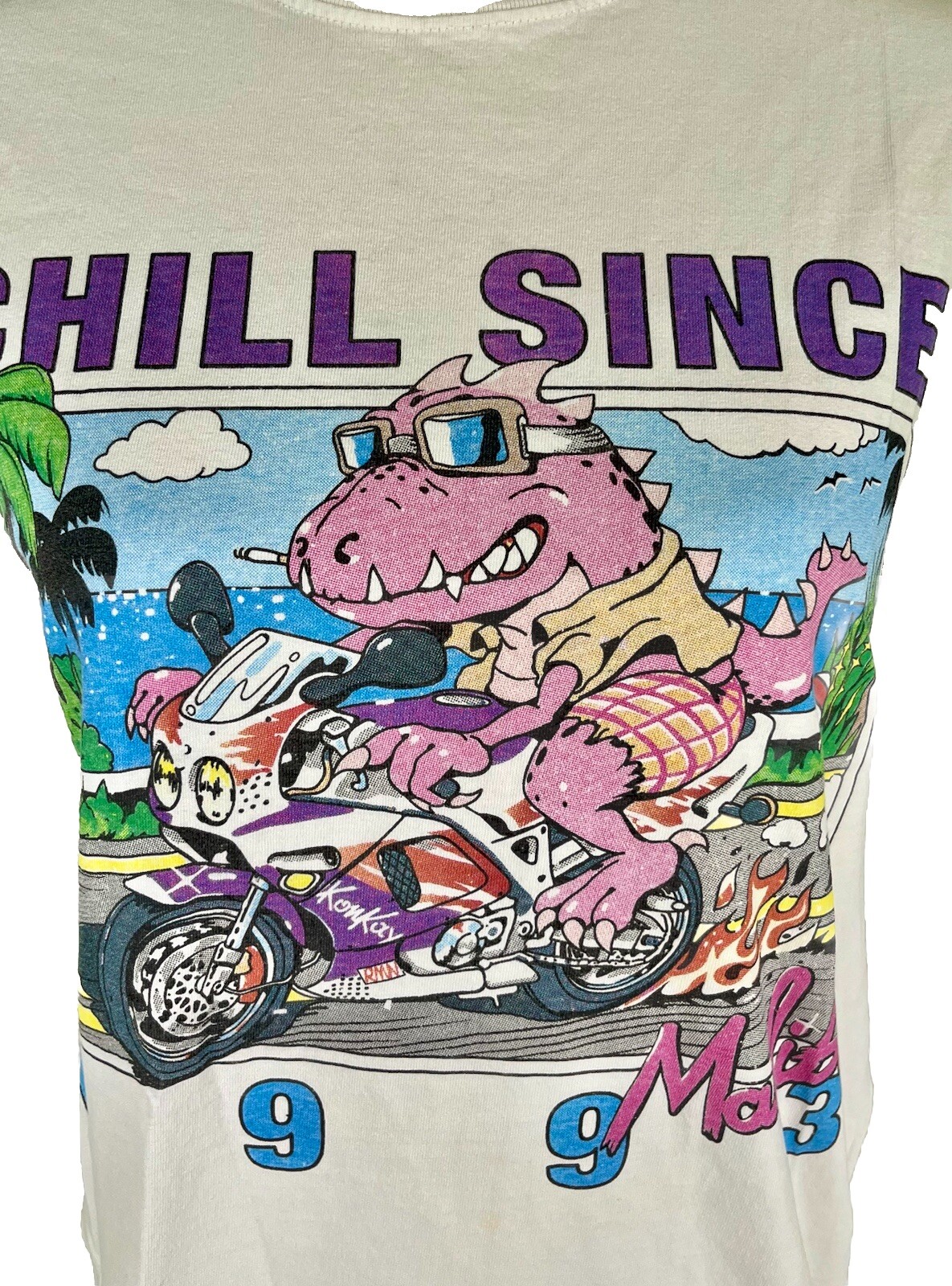 VTG John Galt California Chill Since 1993 Dinosaur Malibu T-Shirt Italy SZ Med gallery