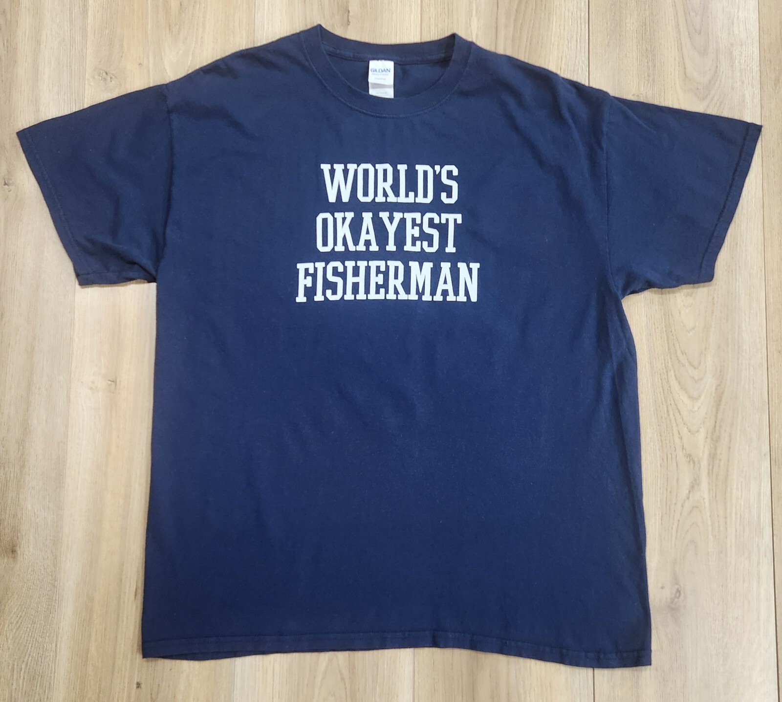 “World’s Okayest Fisherman” Print Mens Large T-Shirt, Navy Blue, Fishing Humor