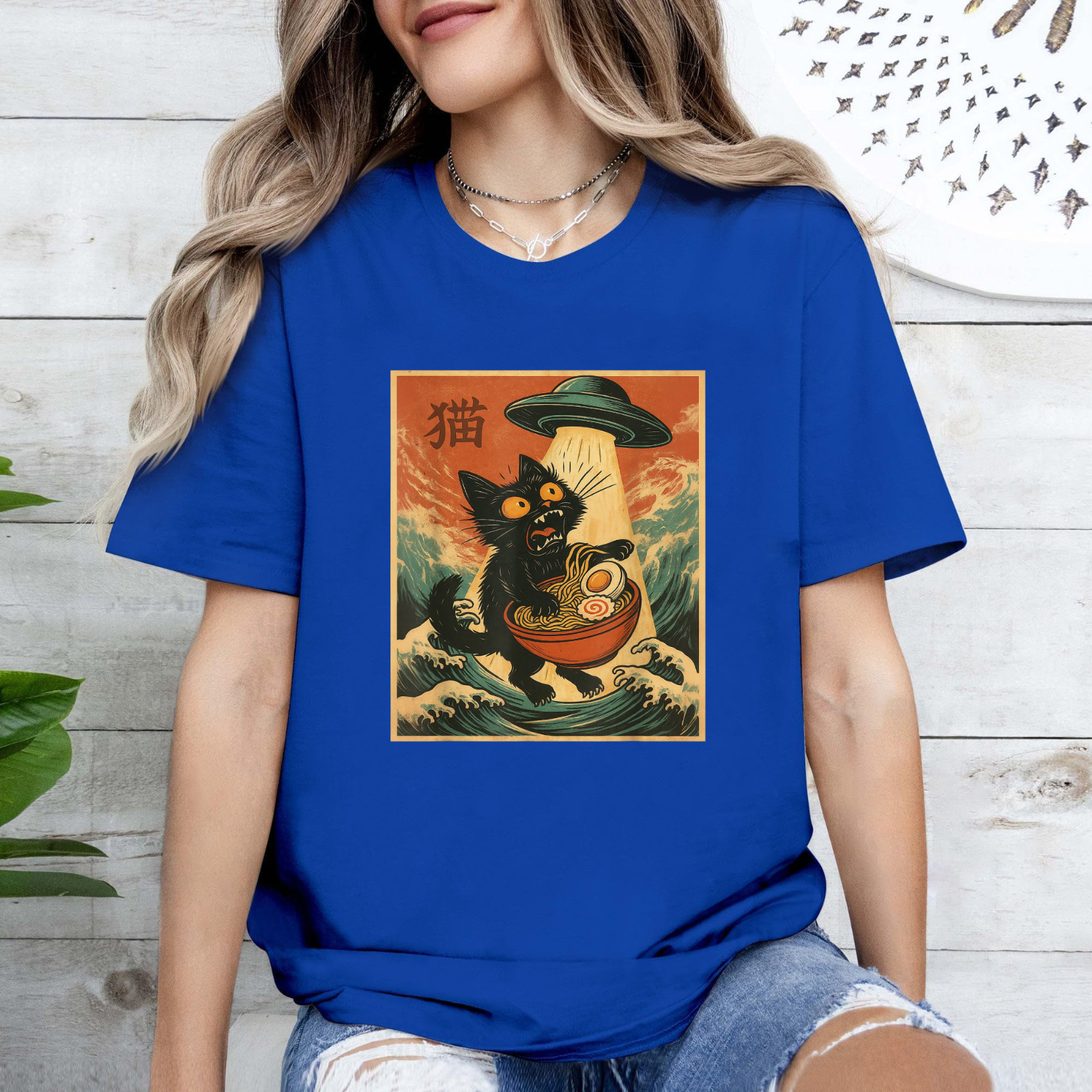 Cat Ramen UFO Funny Japanese Anime Tee Men Women Teens T-Shirt gallery