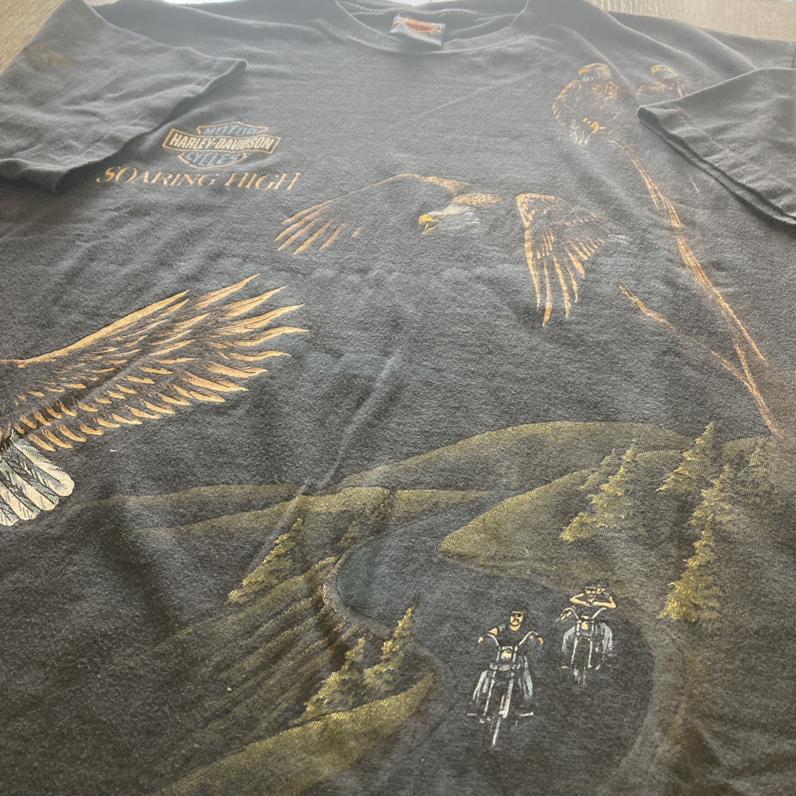 VTG 90s Harley Davidson Eagle AOP Shirt Rare Size XL Black Faded Single Stitch gallery