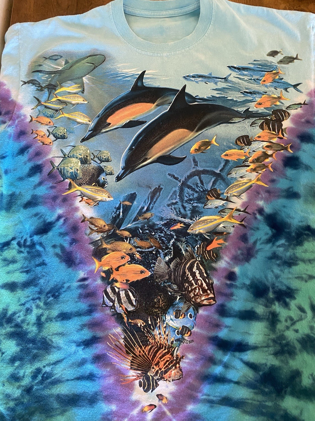 Vintage 90s Y2K Liquid Blue Aquatic Oceanlife Tie Dye Shirt Medium Fish Animals gallery