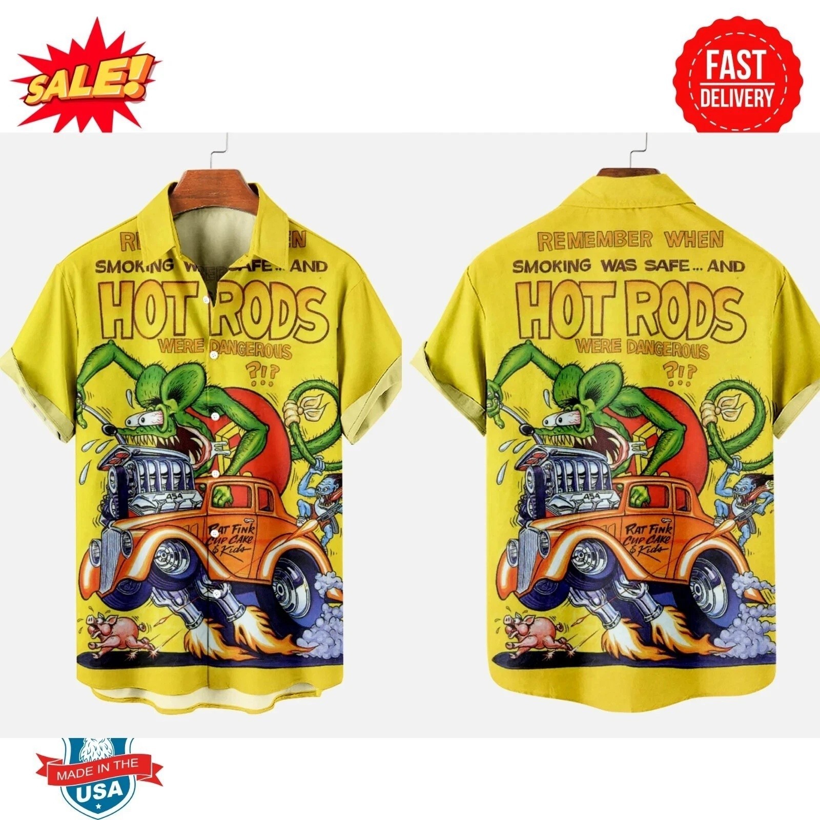 Rat Fink Button Shirt Yellow Unisex Hawaiian T-Shirt Size S-5XL BL2668
