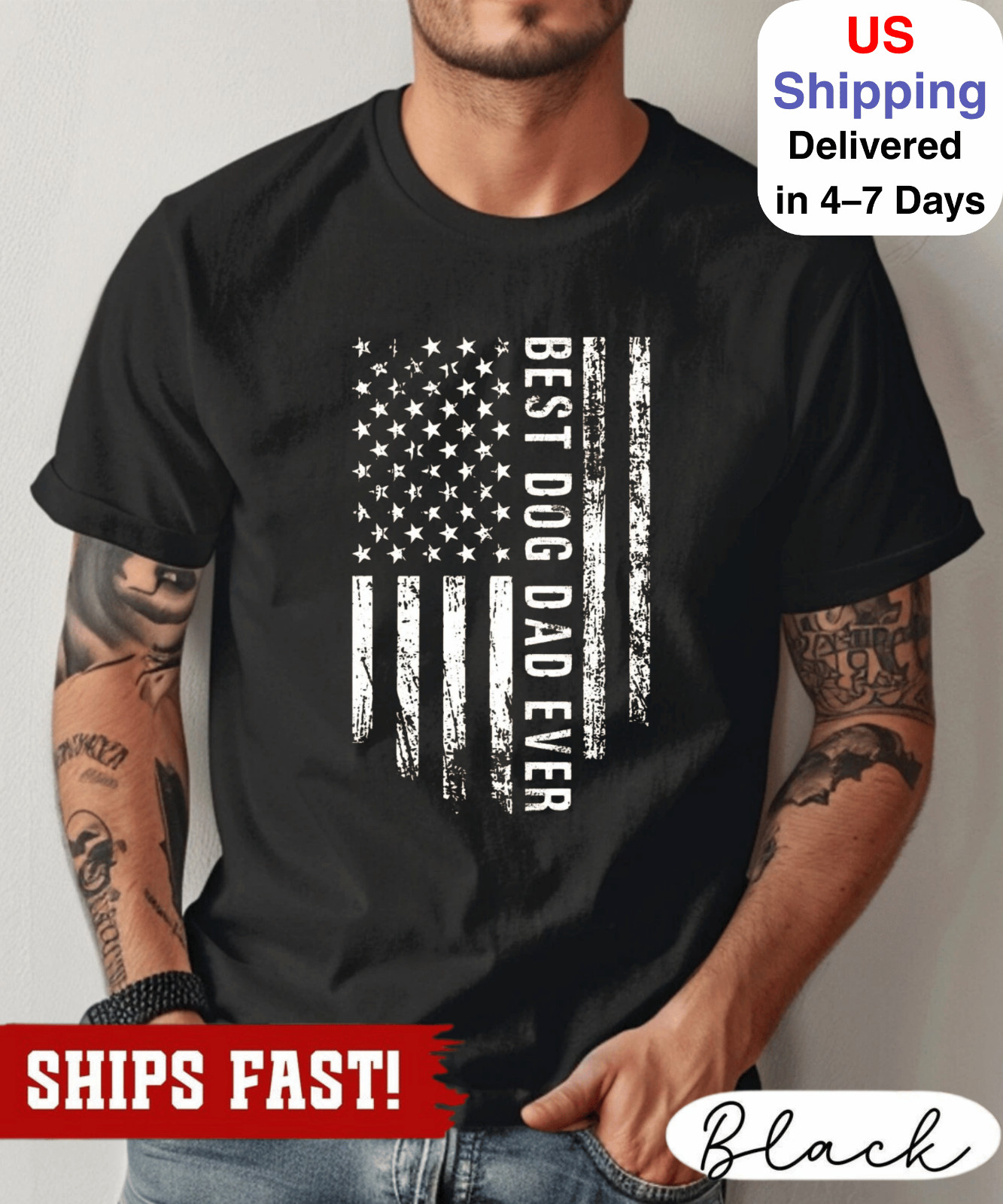 Patriotic Best Dog Dad Ever Flag Shirt | Distressed American Flag Fur Papa Tee,