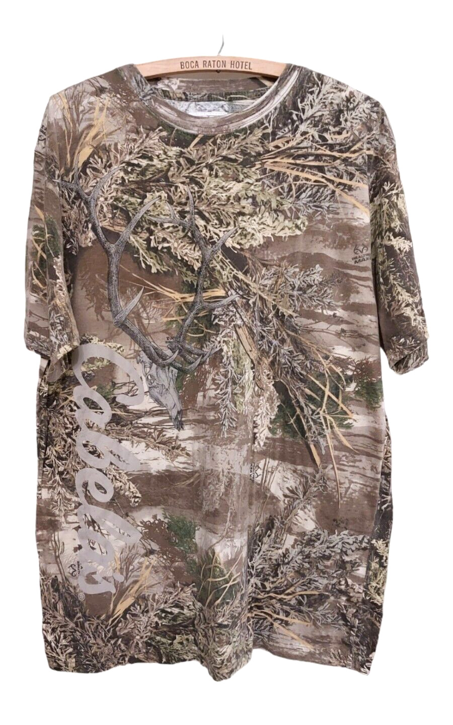 Cabela’s Field Duty Camoflage T-Shirt Spellout Short Sleeve Cotton Blend Size L