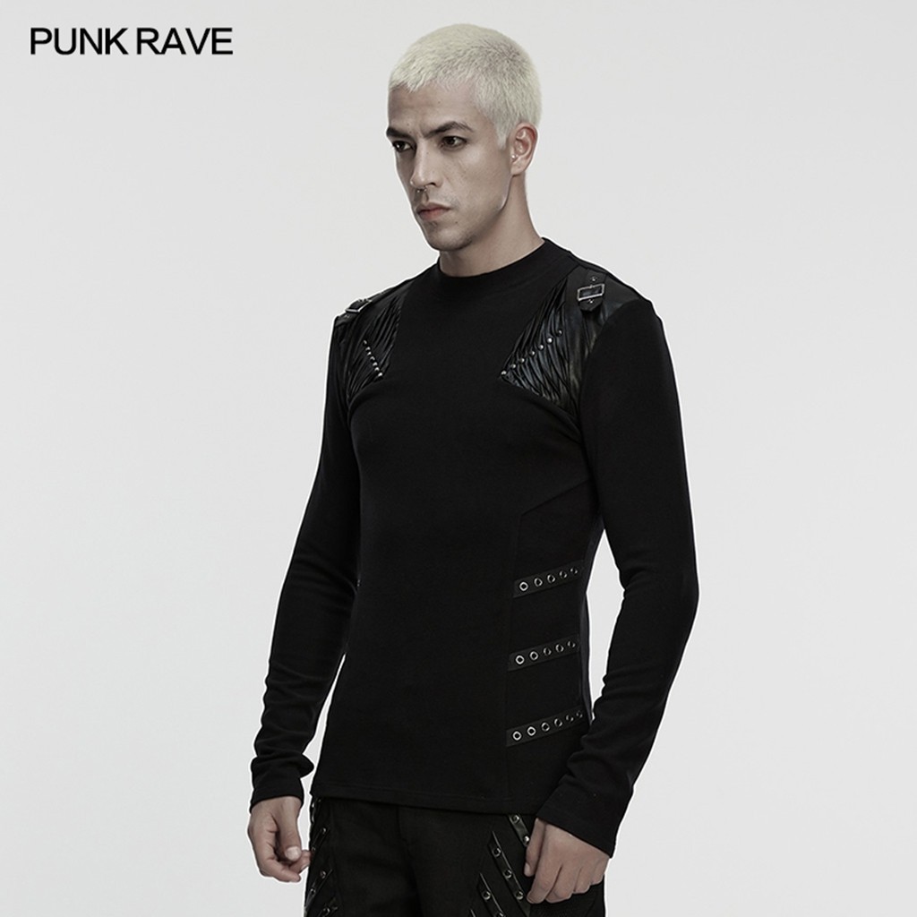 Punk Rave Men Black Gothic Handsome Punk Splicing Knitted T-Shirt Slim Fit Tops gallery