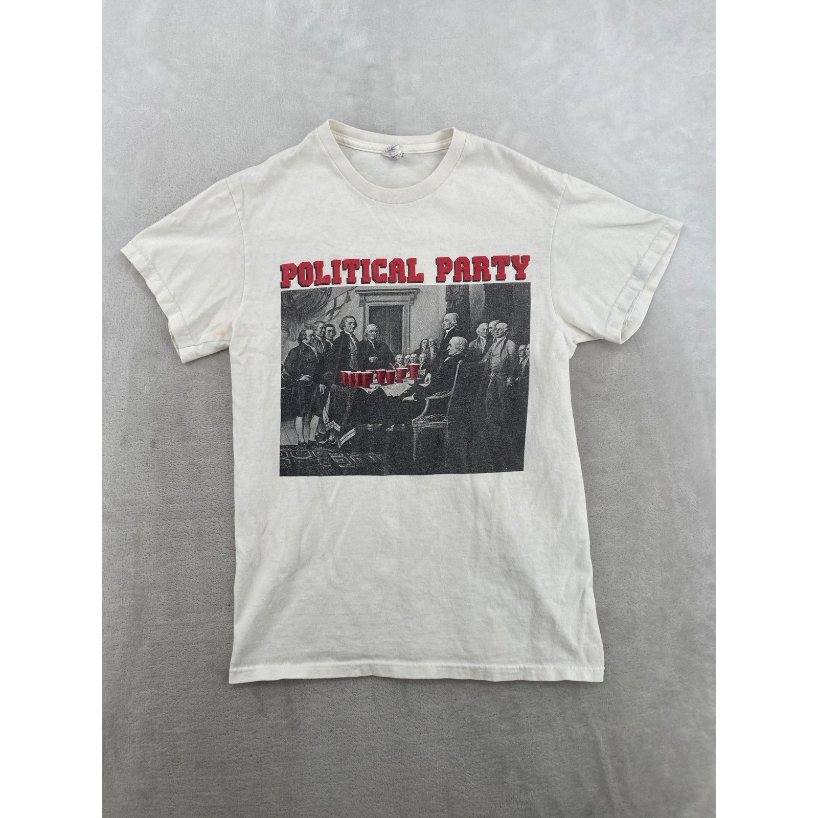 Delta Pro Weight Political Party Shirt Small Cream Beer Pong Founding Fathers gallery