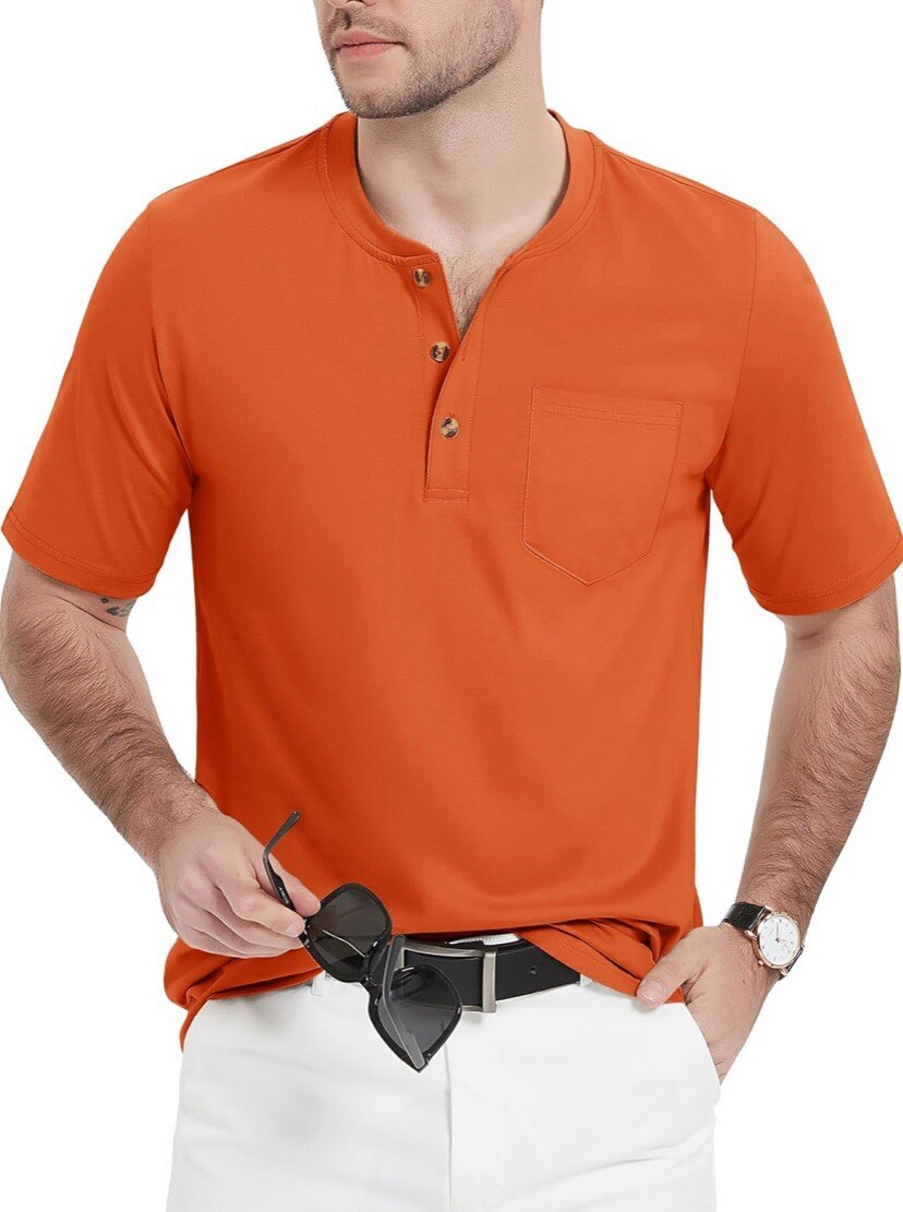 MAGCOMSEN Men's Henley Shirts Short Sleeve Pocket Tee Shirts Dark Orange Size S gallery