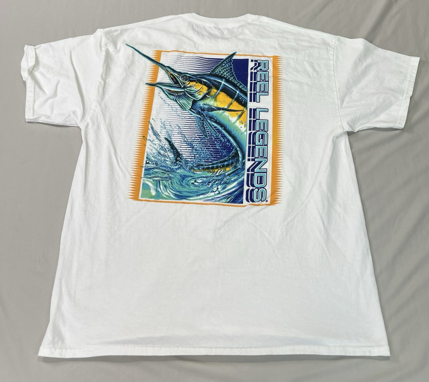 Reel Legends Fishing Shirt Mens XL White Blue Marlin Cotton Tee Nautical Travel