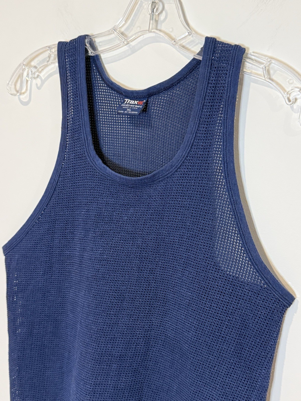 Vintage 70s 80s Trax Activewear Mesh Sheer Blue Tank Top Sz XL Men’s Retro USA gallery