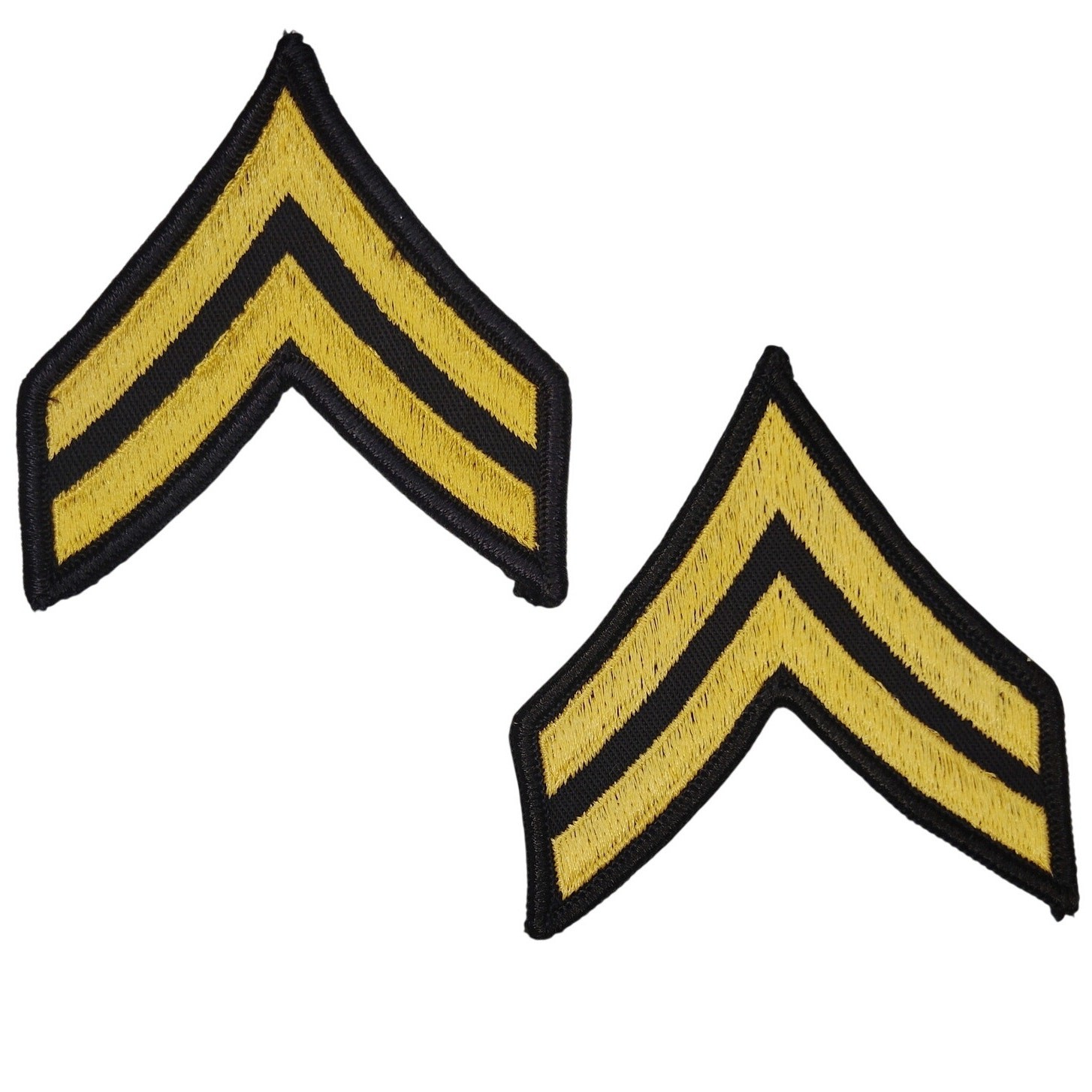 US Army Corporal E‑4 ASU Chevrons Male Size Gold on Black Sew‑On Pair 3.25 × 3″