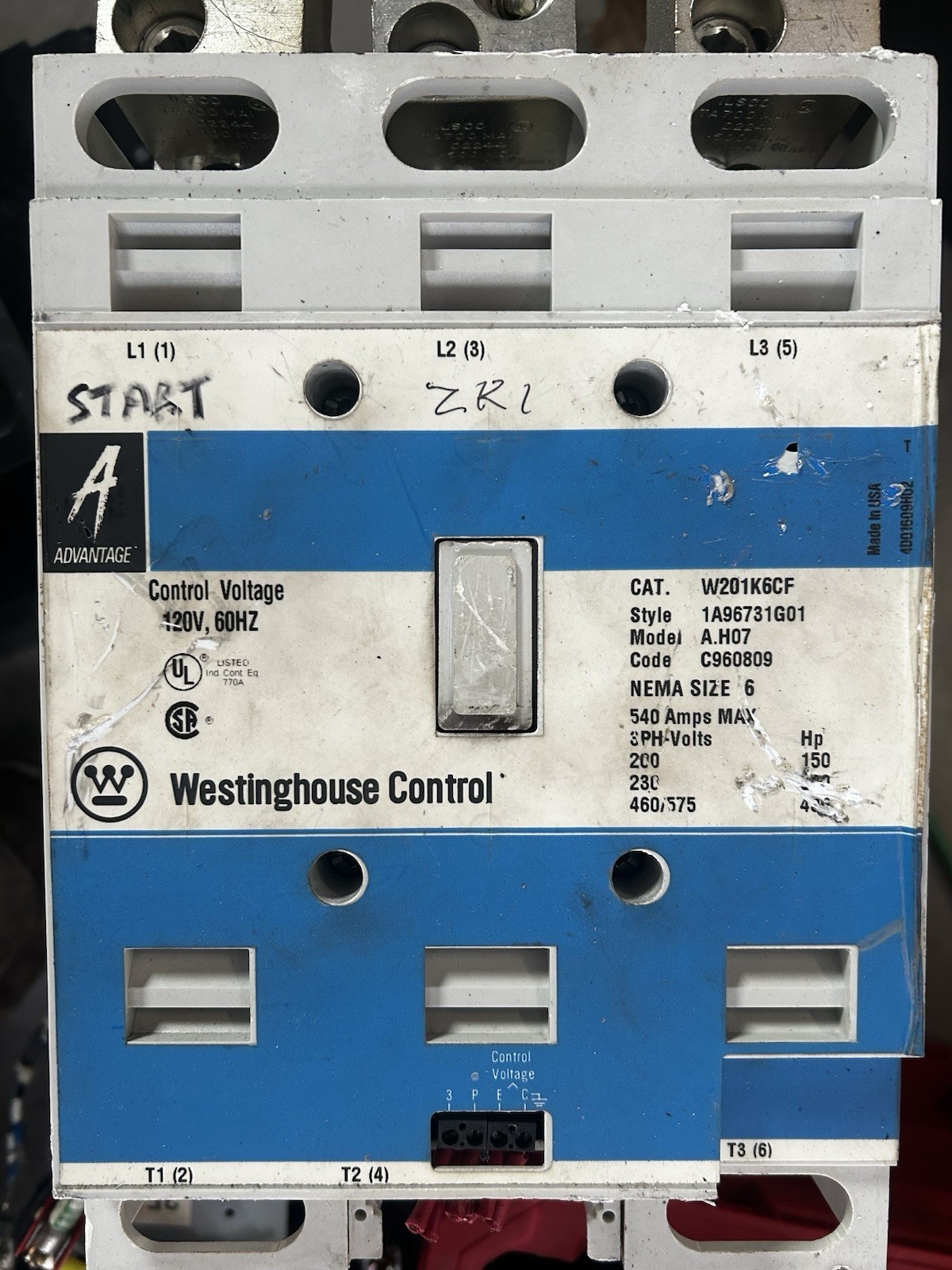 Westinghouse/CH W201K6CF-A.H07-3 Pole-Size 6 contactor, w/120v Coil