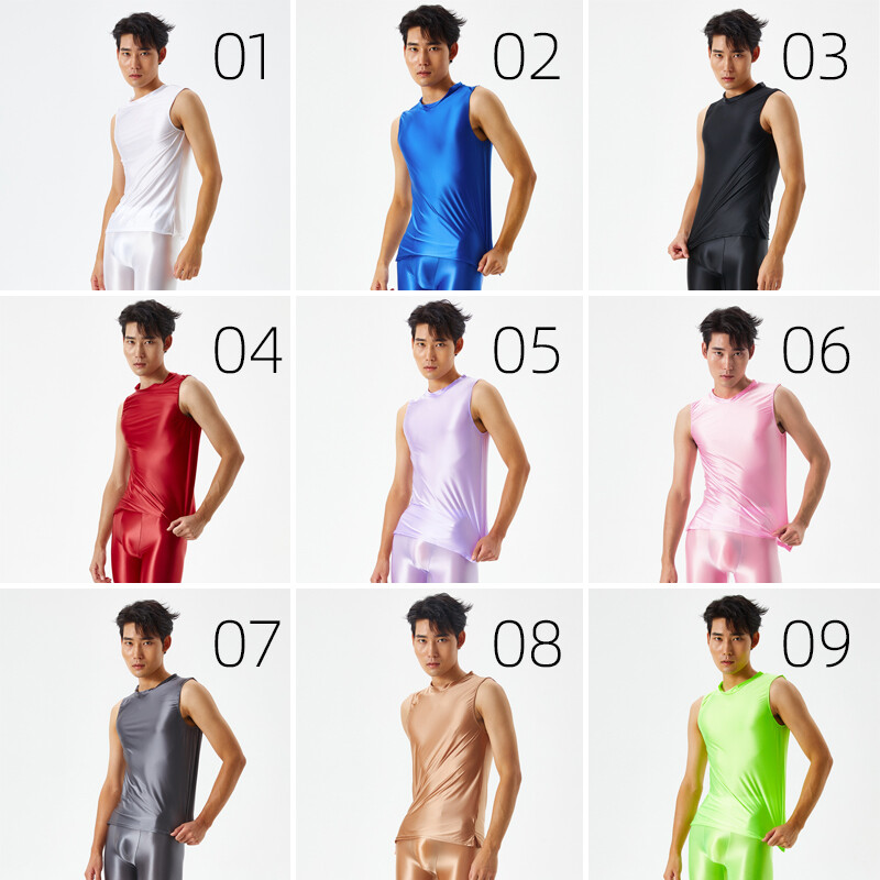 Men's Sexy Oil Shiny Glossy Sports Muscle T-shirt Slim Elastic Tank Tops Vest gallery