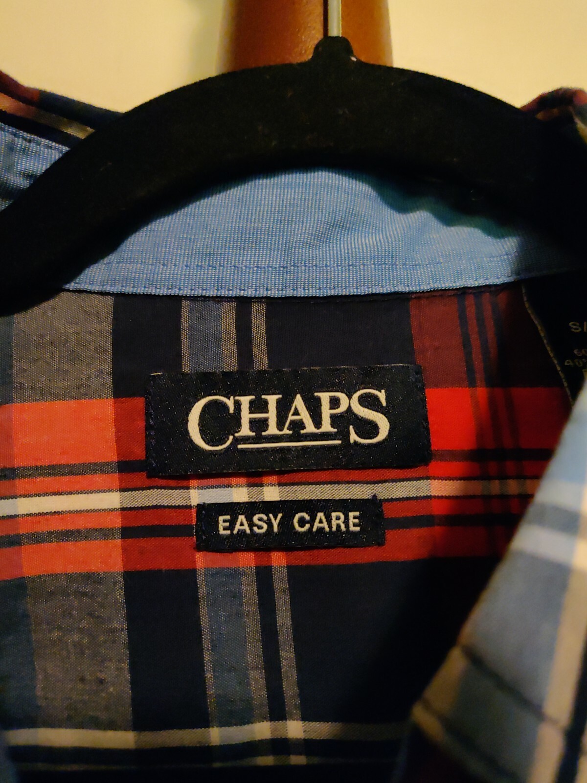 Chaps Easy Care men's size S shirt LS red blue plaid collar button up EUC gallery