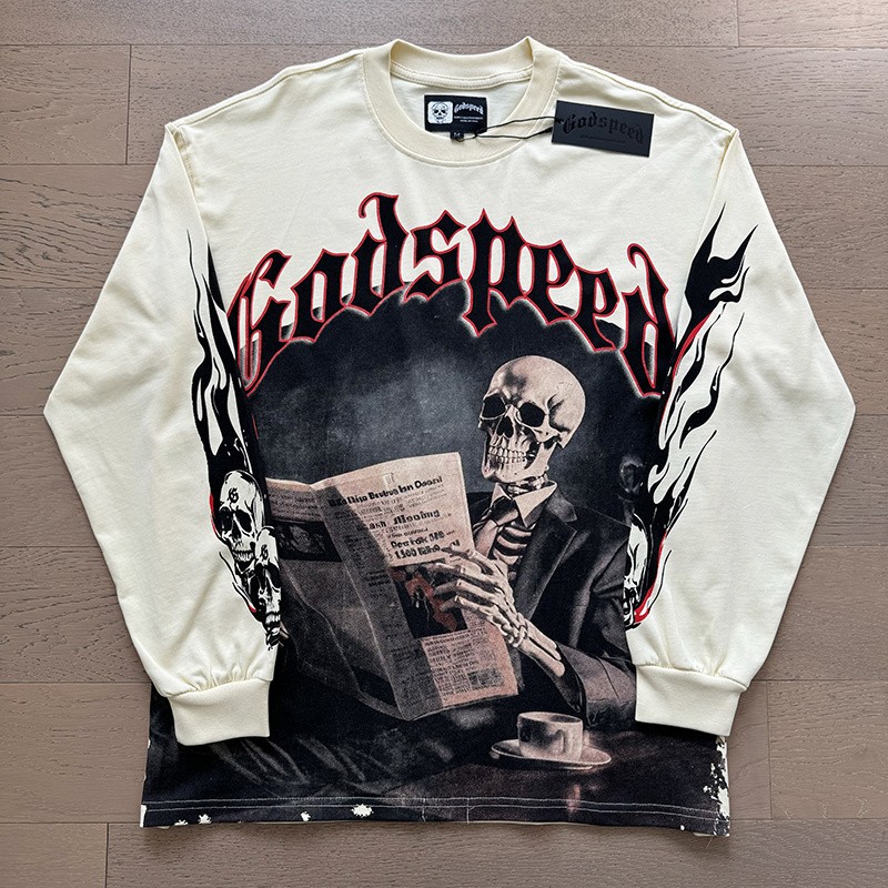 New Godspeed Skeleton Reading newspapers printed Men’s Long Sleeve T-shirt