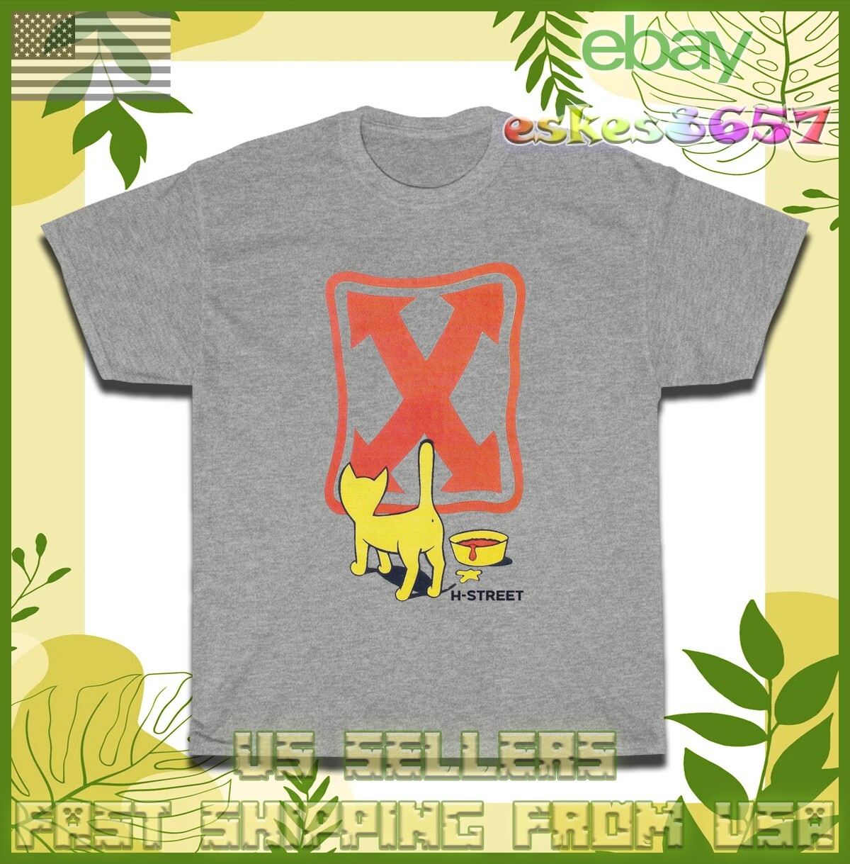 H Street Skate Yellow Cat Logo Men's T-Shirt American Style T Shirt gallery
