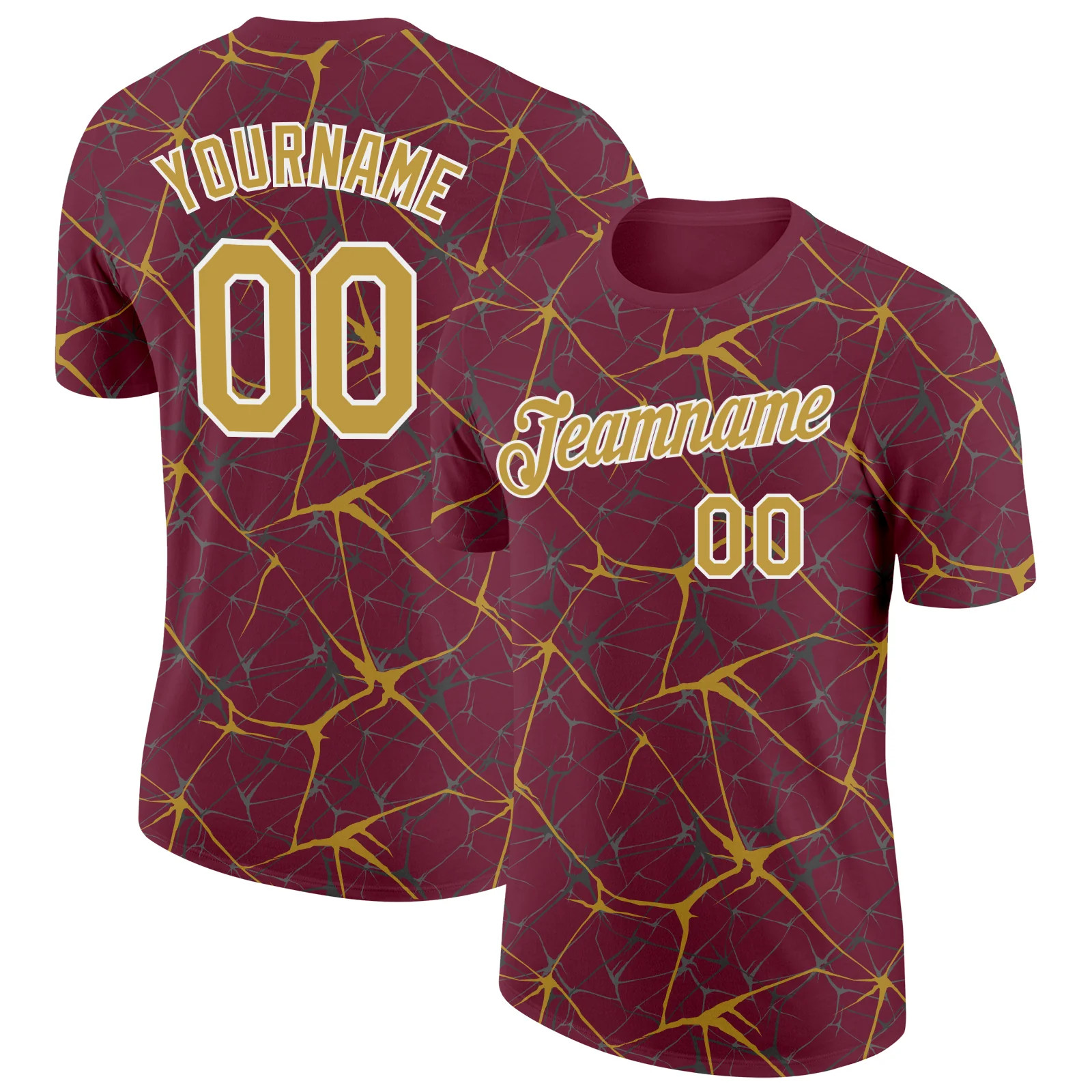 Custom Burgundy Old Gold Abstract Crackle Sports Tee Personalized Jersey