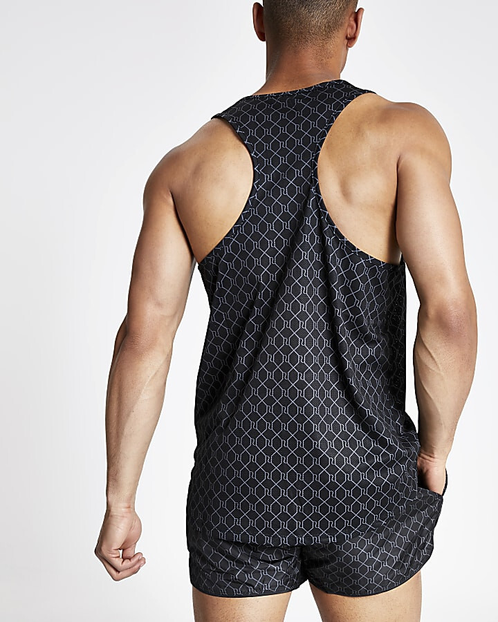 River Island Mens Black RI Monogram Racer Slim Fit Sleeveless Mesh T-shirt gallery