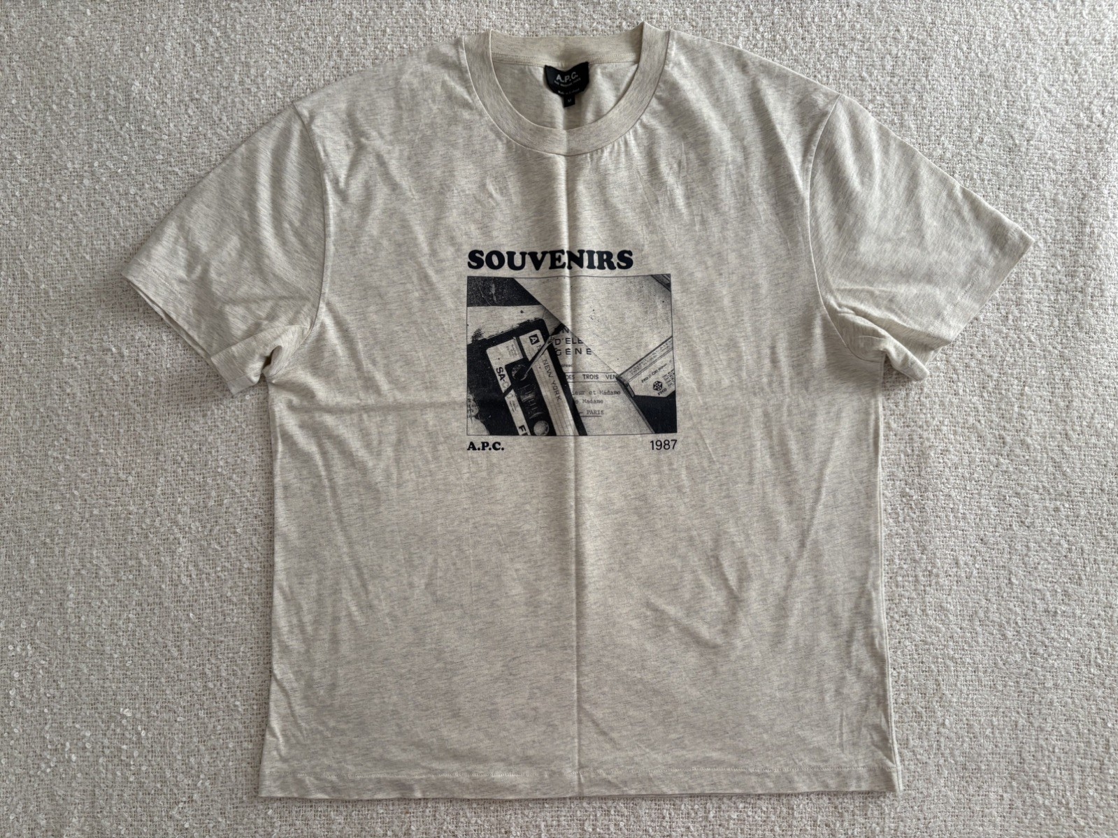 A.P.C. $165 Boxy Fit Graphic T-Shirt Size Medium Ecru Light Grey Heather