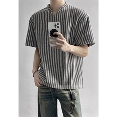 Men Casual Style Fishbone Texture V Neck T Shirt Loose Fit Striped Top L-4XL