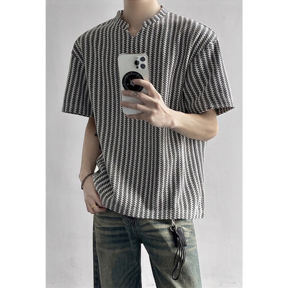 Men Casual Style Fishbone Texture V Neck T Shirt Loose Fit Striped Top L-4XL gallery