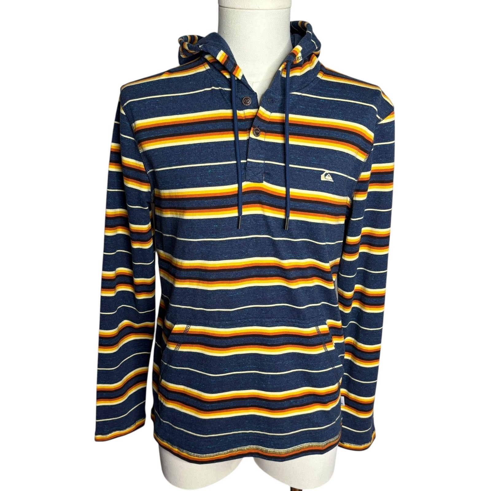 Quicksilver Hooded Henley Long Sleeve Shirt S Blue Striped Kangaroo Pocket NEW
