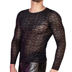 New Men’s Long Sleeved Elastic Tight Top Mesh Breathable Sexy Lace Top T-shirt