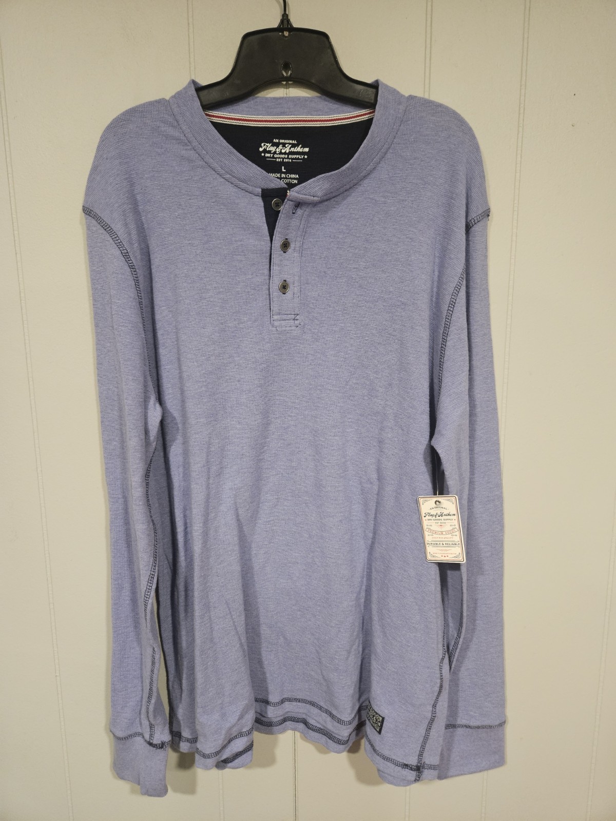 Flag & Anthem Men’s Large Long Sleeve Henley Shirt Blue Knit 100% Cotton NWT