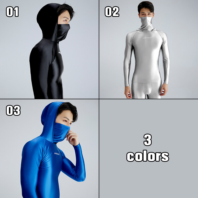 AMORESY Men Glossy Hooded T-shirt Sunscreen High Neck Long Sleeve Running Shirts gallery