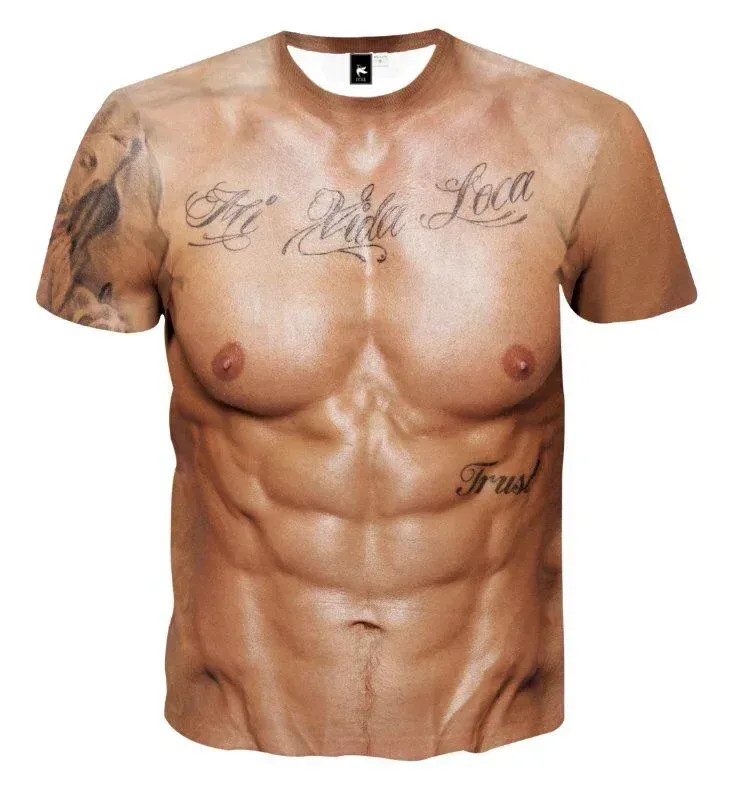 Muscle 3D T-shirt Muscle Tattoo Print T-shirt For Summer Beach Holiday Men Short gallery