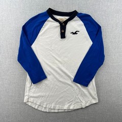 Hollister Men Medium Henley Raglan Baseball Shirt Blue White 3/4 Sleeve Y2K Surf