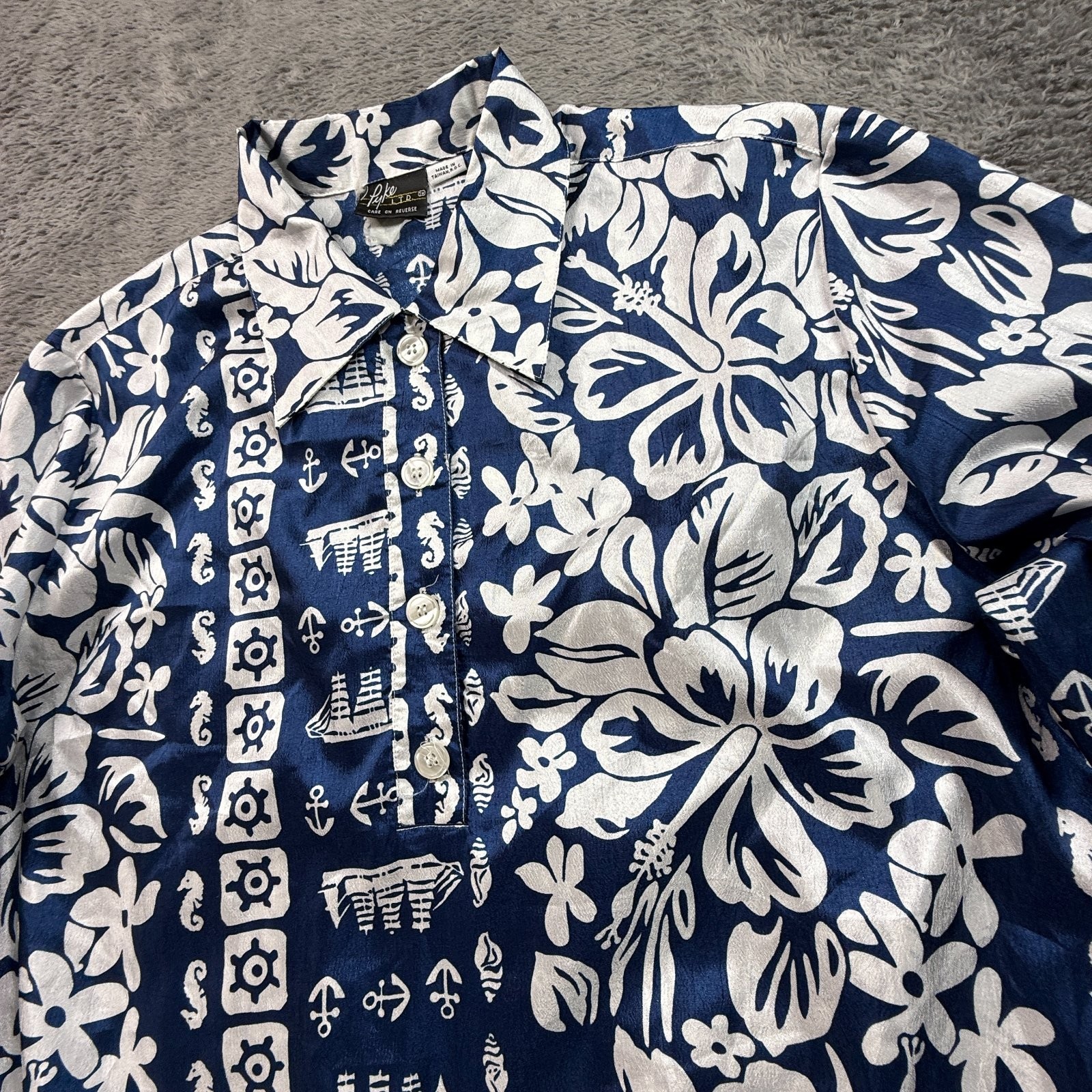 Vintage 80s Pyke Ltd Hawaiian Shirt Womens M Navy Blue Hibiscus Nautical Print gallery