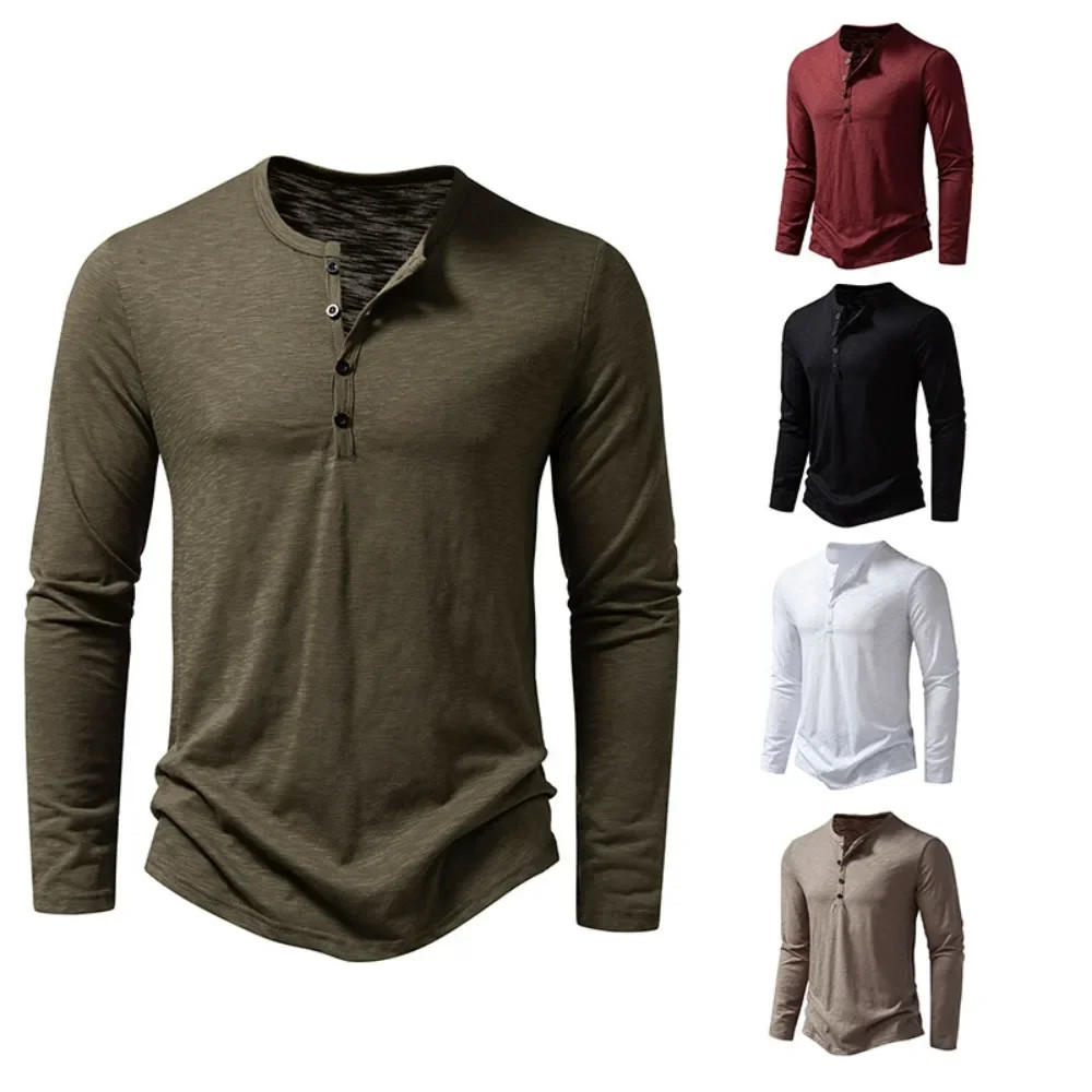Autumn New Men's Cotton Button Long Sleeve Henley Neck T-Shirt Casual Solid gallery