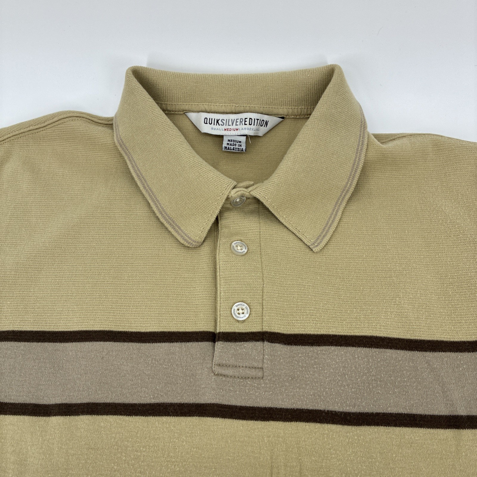 Vintage Y2K Quiksilver Polo Shirt Men Medium Beige Striped Ribbed Edition Surf gallery