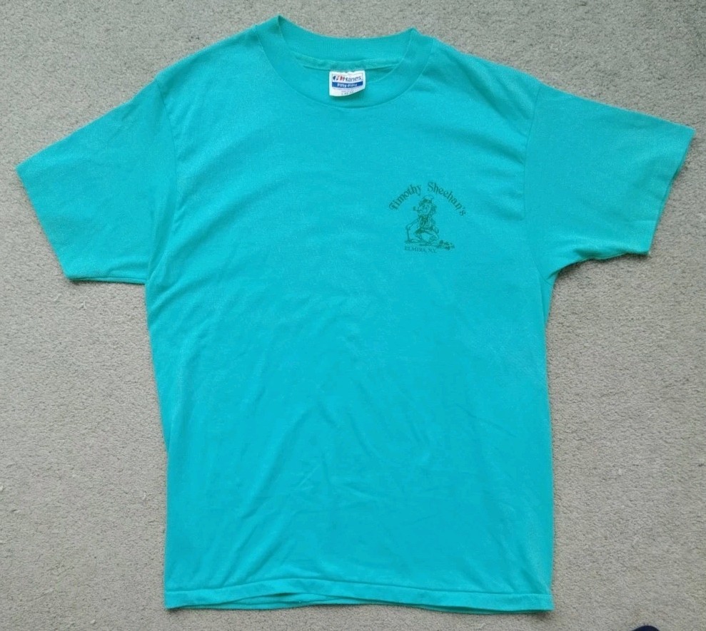 Vtg Timothy Sheehans Upstate NY Mint Green Mens L Tee USA Pit 19 Length 27 Flaws gallery
